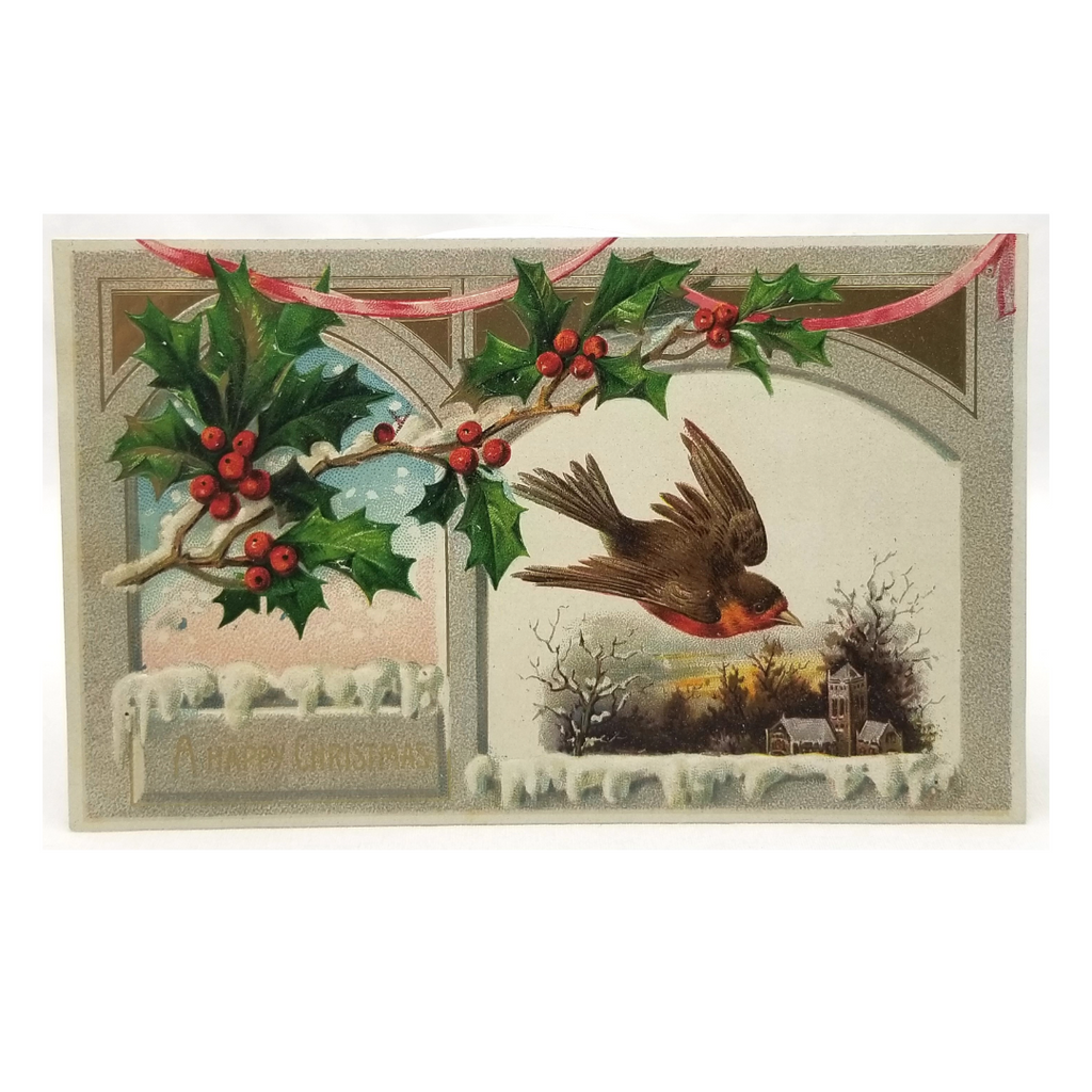 Vintage Christmas Postcard, Antique Holiday Card, Robin Flying Over Winter Landscape with Holly Germany