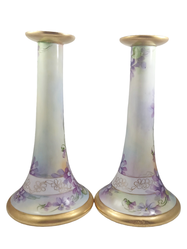 Limoges Porcelain Candle Holders Hand Painted Violets Artist Signed Perl