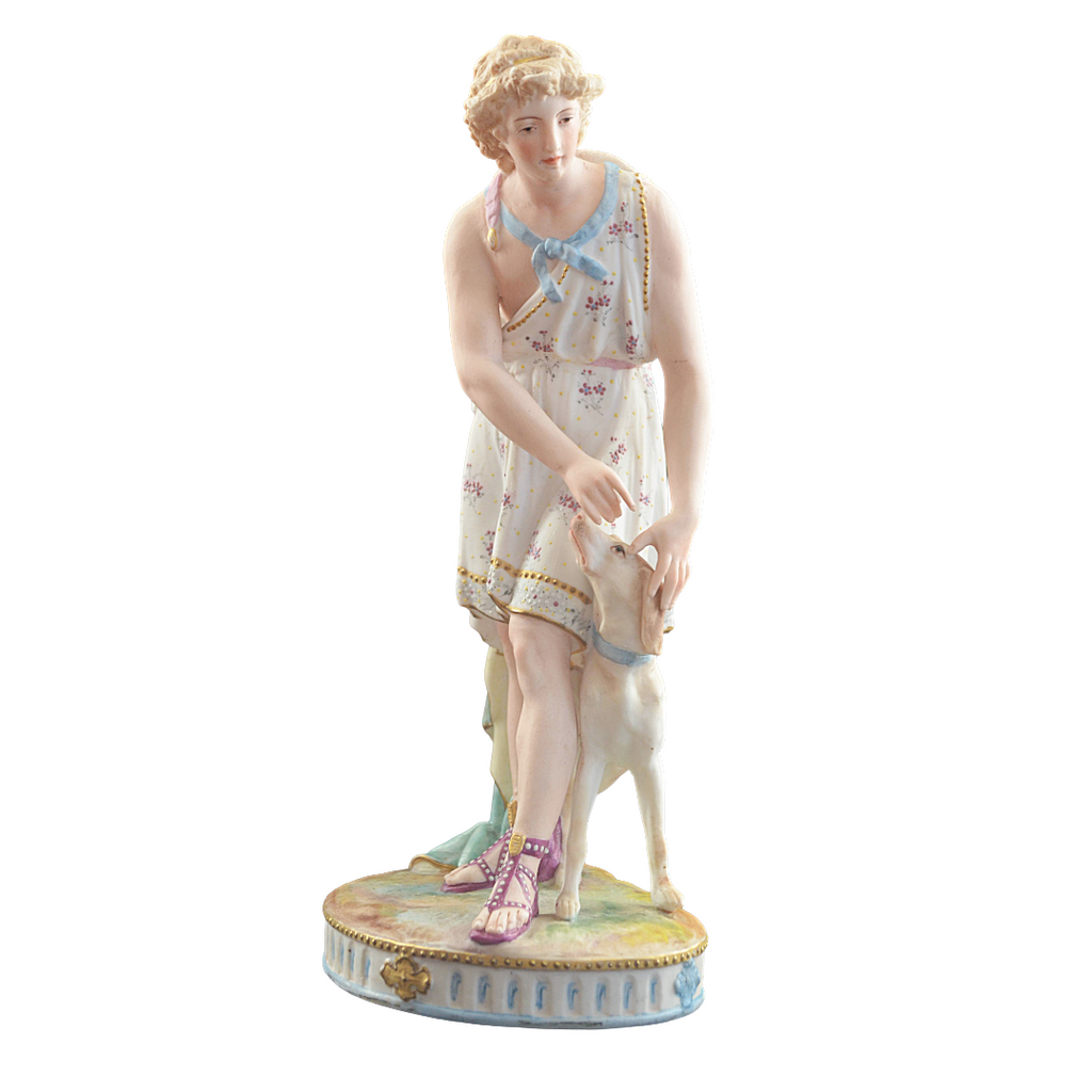 Old Paris French Bisque Sculpture Man and Dog Hand Painted Biscuit Porcelain 12" T Early Embossed Mark