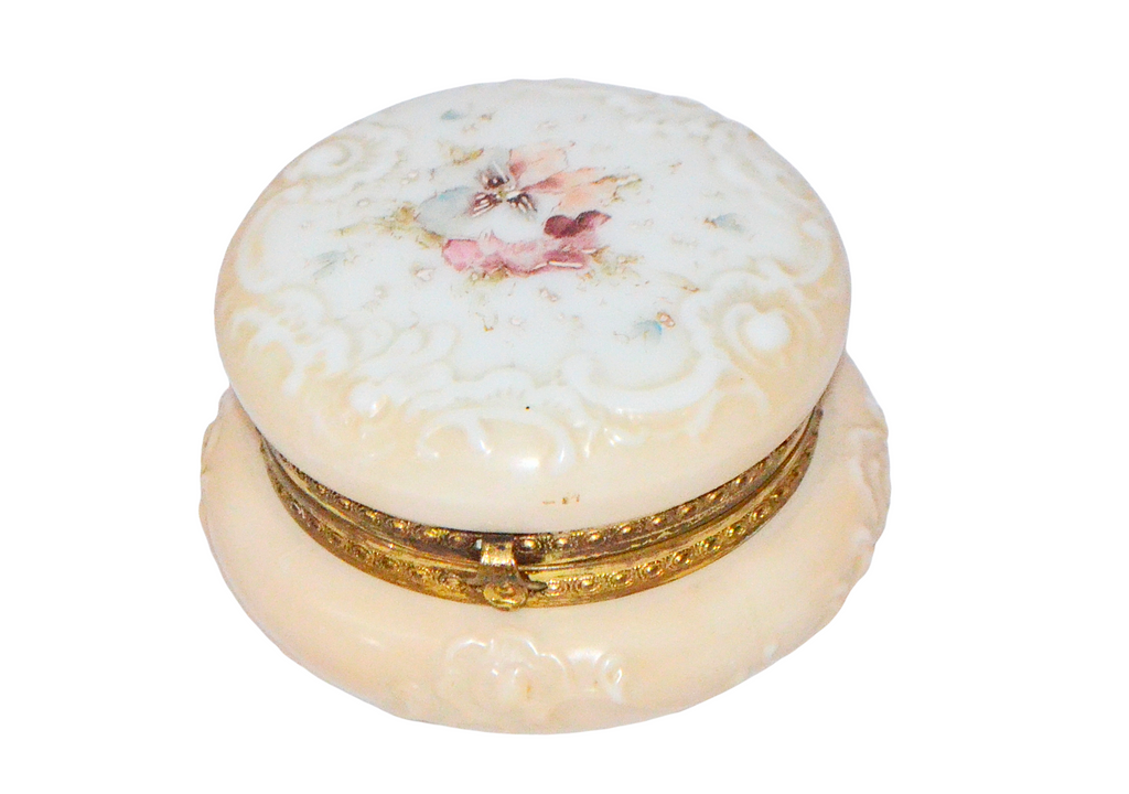 CF Monroe Wave Crest Art Glass Dresser Box Pansies & Scroll Vanity Jar