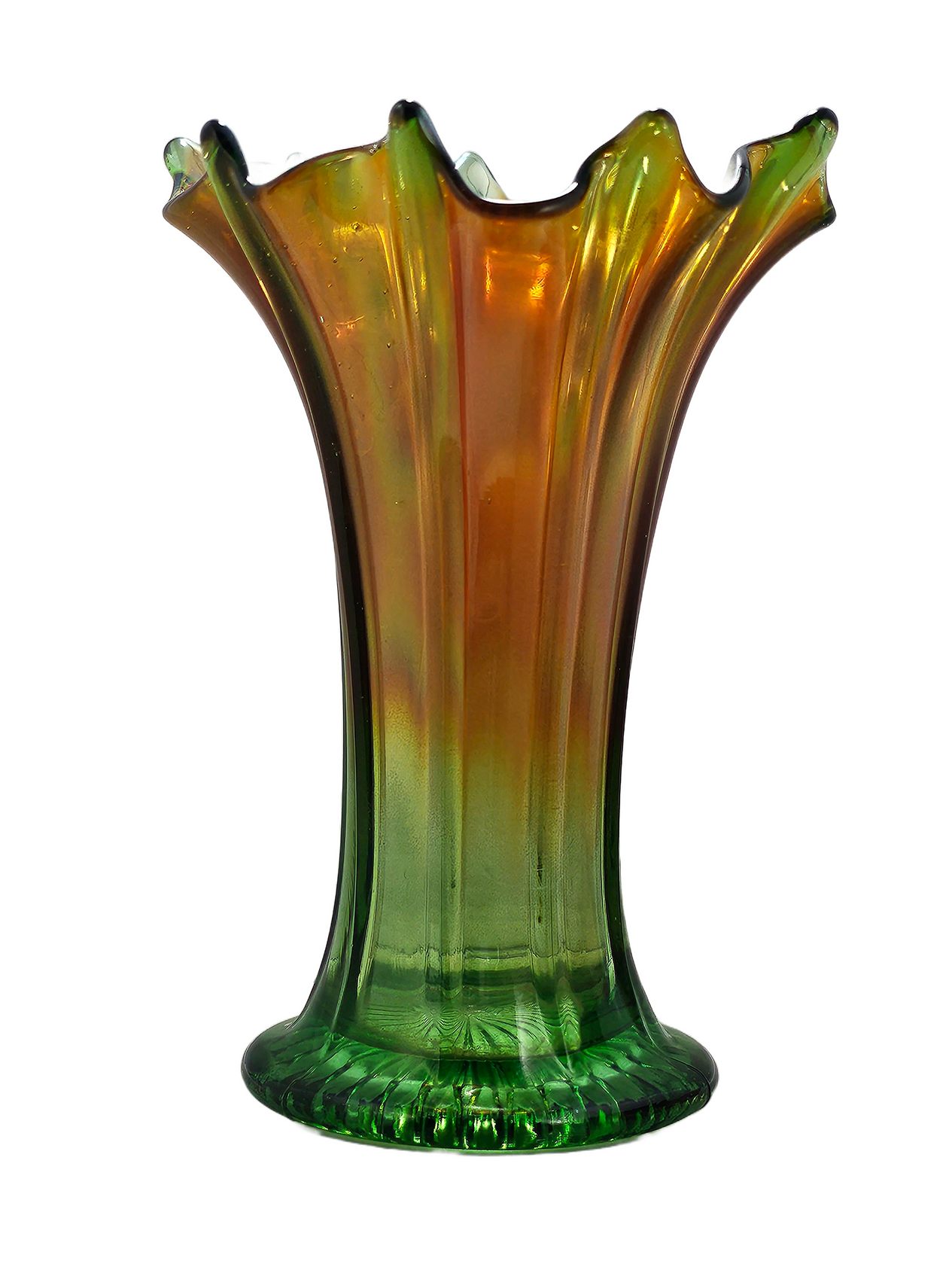 Northwood Thin Ribbed Swung Marigold Green Carnival Glass Vase