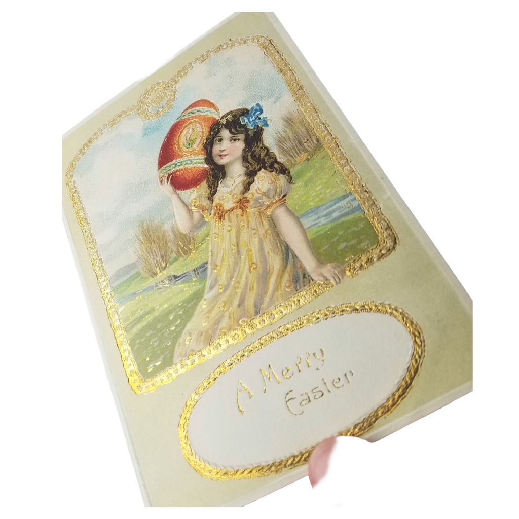 Easter Postcard Young Girl Holding Giant Pink Egg Art Nouveau Style Gold Embossed