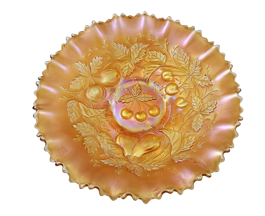 Northwood Marigold Three Fruits Carnival Glass Bowl Pie Crust Border
