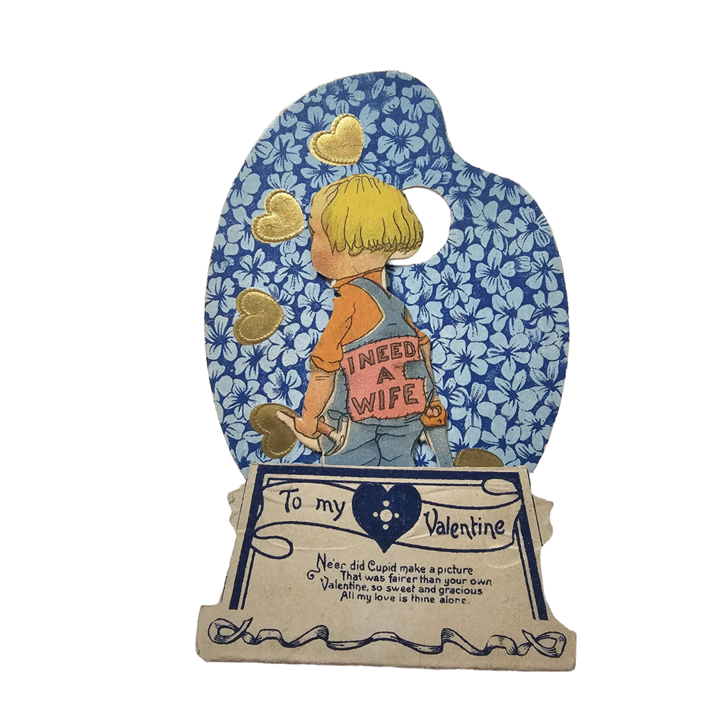Vintage Die Cut Valentine Card Little Carpenter Boy I Need a Wife