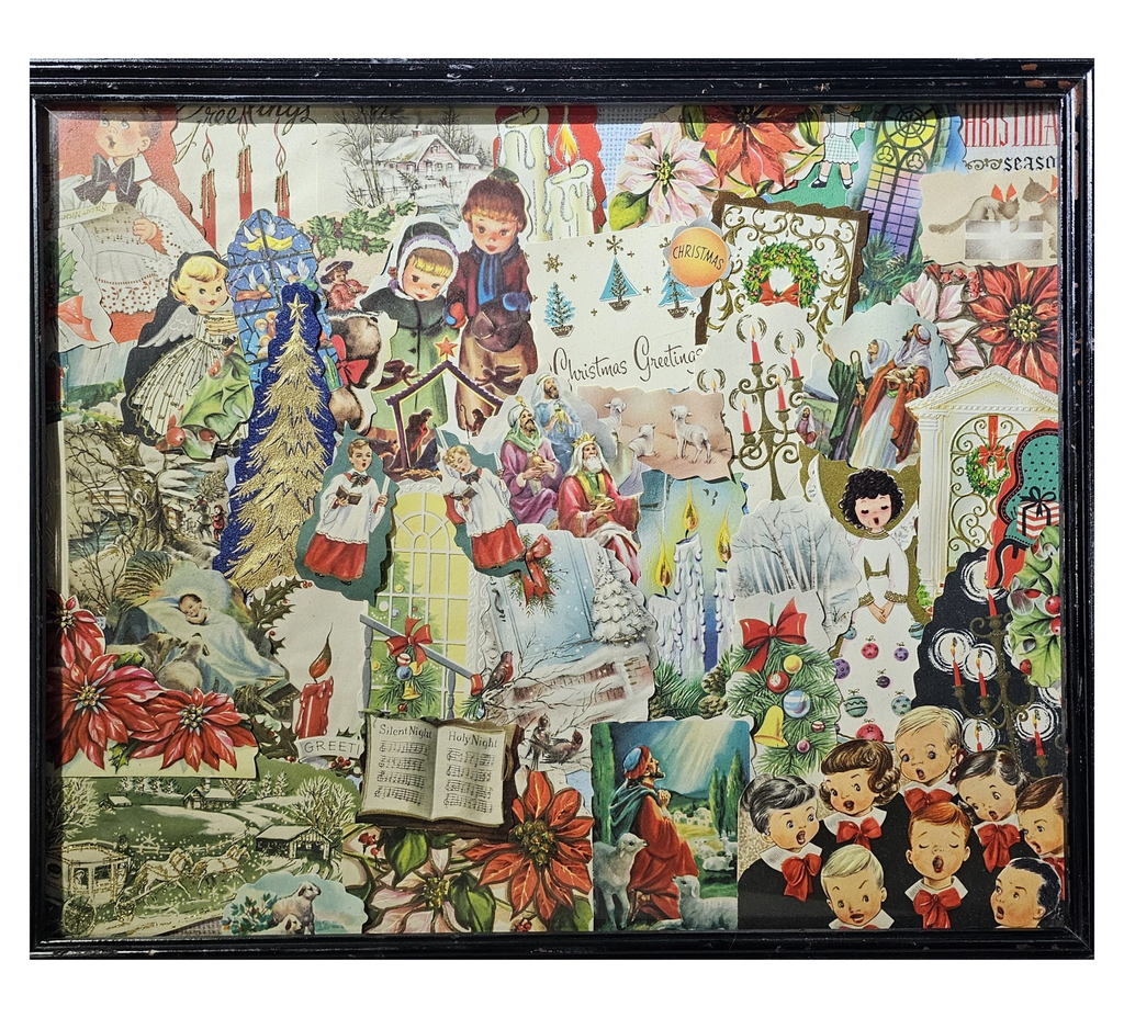Framed Mid Century MCM Vintage Christmas Card Collage Puzzle Art
