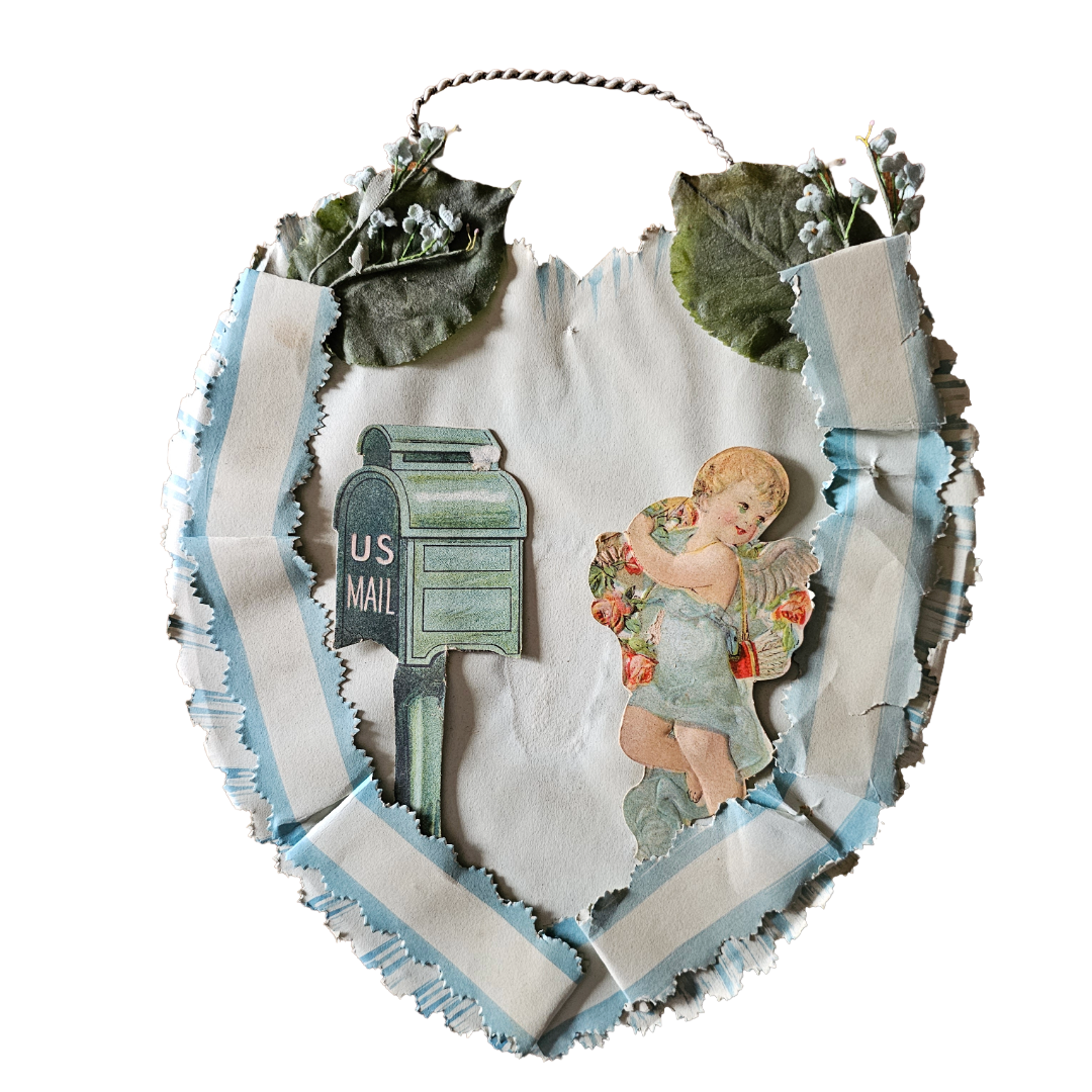 Large Antique Die Cut 3D Hanging Valentine Cupid with Mailbox