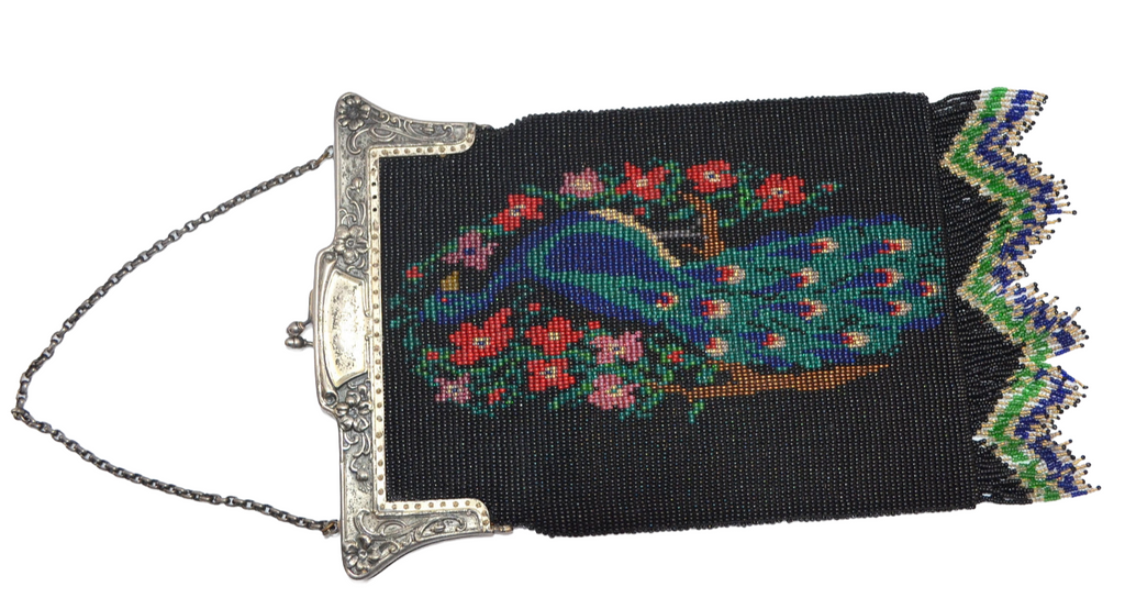 Antique Vintage Handmade Scenic Handbag Beaded PEACOCK PURSE