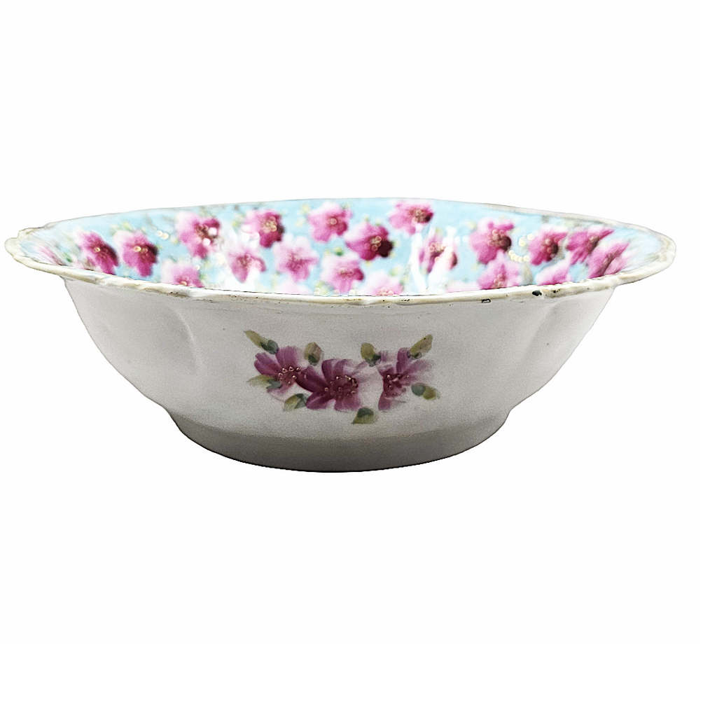 Antique Large Nippon Bowl Blue w/ Pink Flowers Moriage Gold