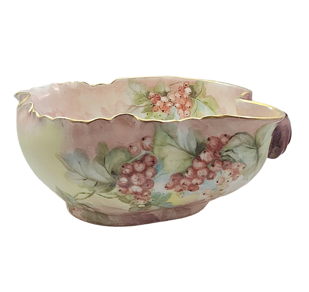 LIMOGES Porcelain Bowl Hand Painted Red Currants Branch Handle