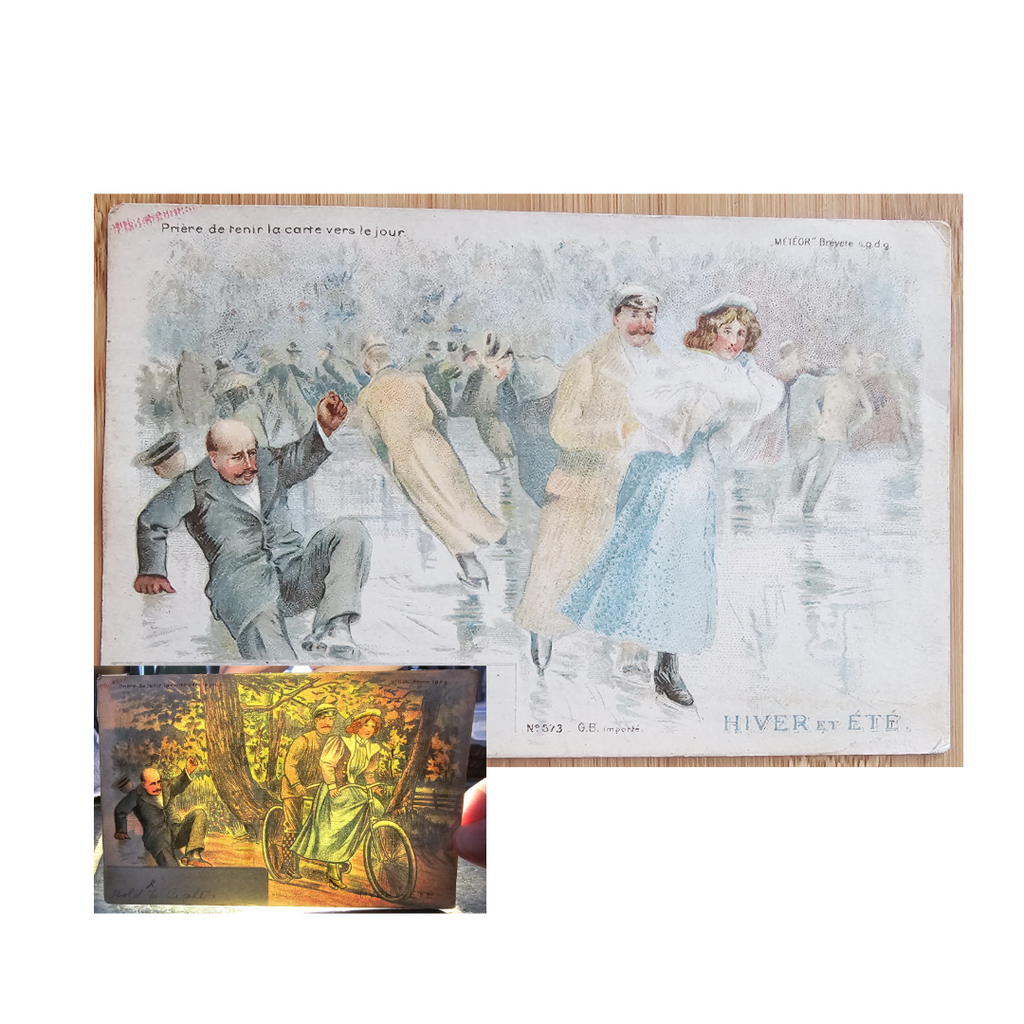 Antique Novelty Hold To Light Postcard, German HTL Card with Ice Skating Couple in Snow Light Changes Card to Couple Riding Bike in Forest