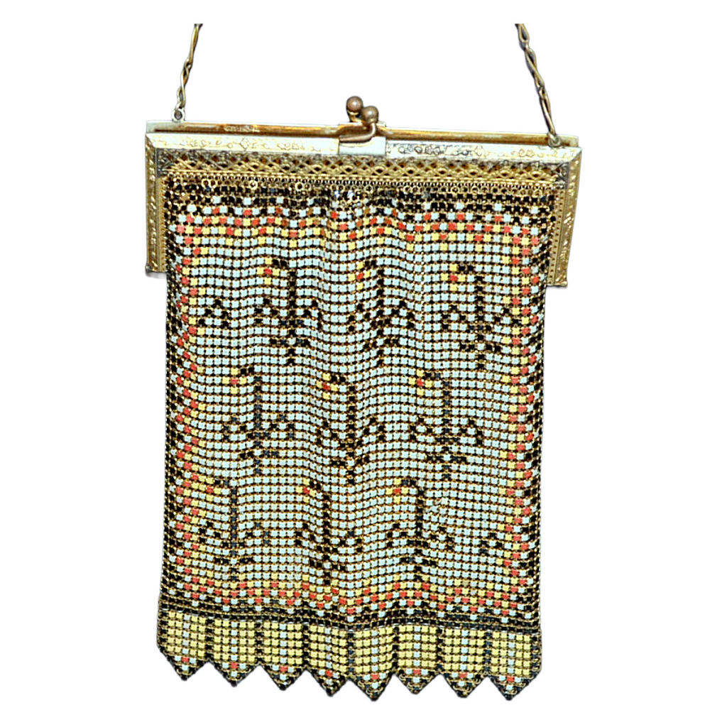 Vintage Metal Enamel Mesh Whiting Davis Handbag Art Deco Flower Purse