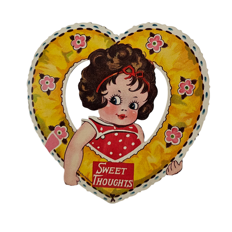 Vintage Antique Die Cut Valentine Card Little Girl in Heart