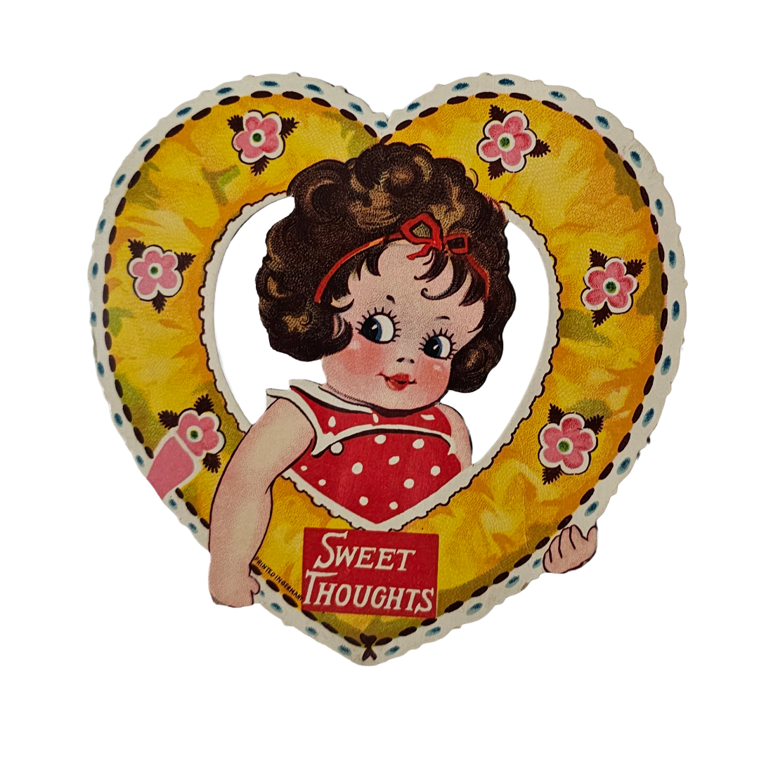 Vintage Antique Die Cut Valentine Card Little Girl in Heart