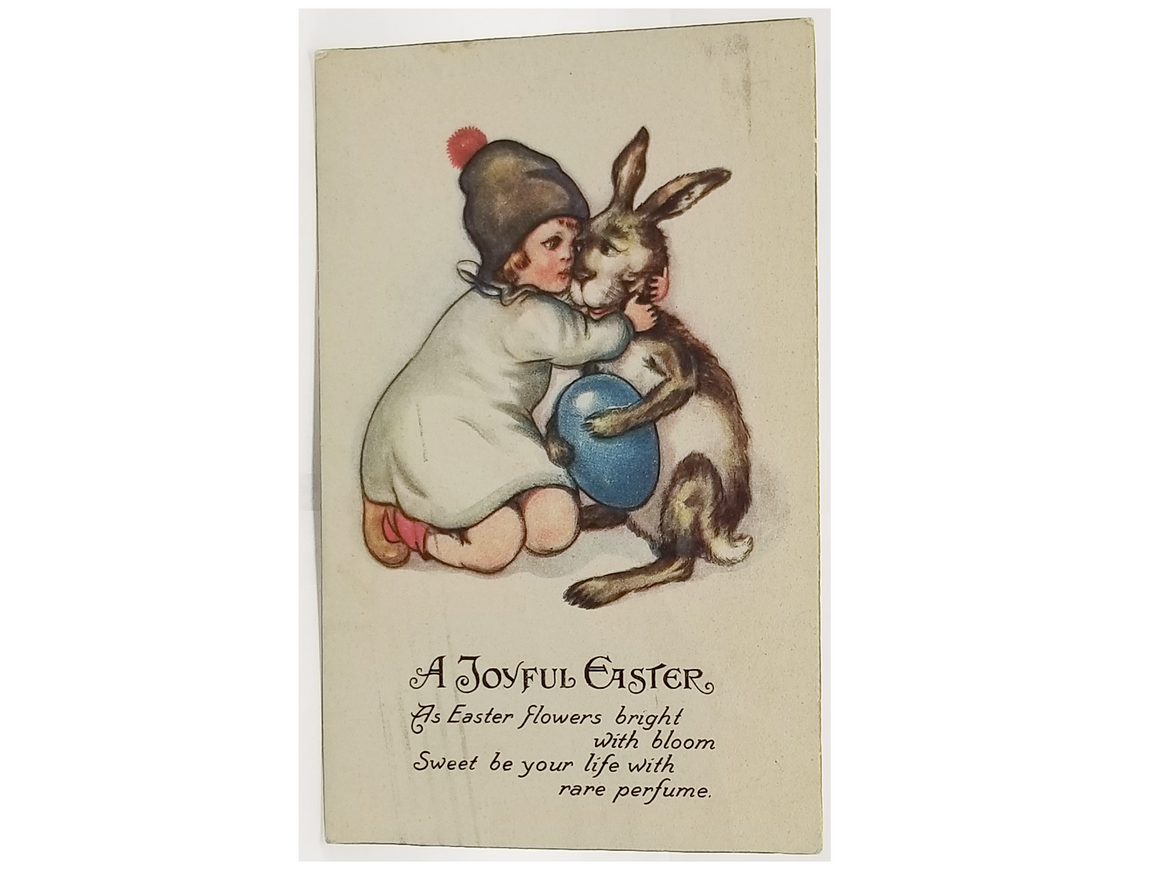 Antique Vintage German Easter Postcard, Little Girl Hugging Brown Bunny Rabbit Holding Giant Blue Painted Egg