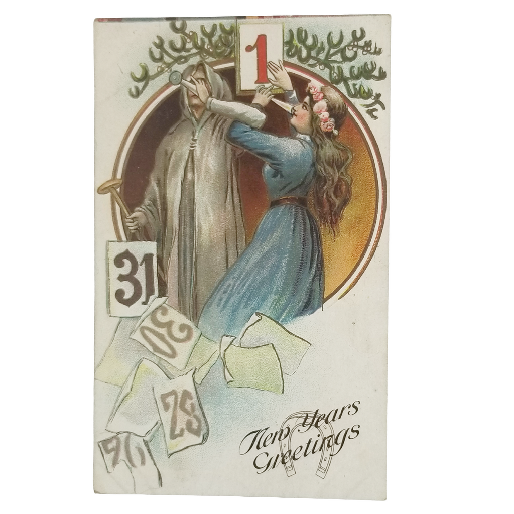New Year Postcard Father Time Young Woman No 8074