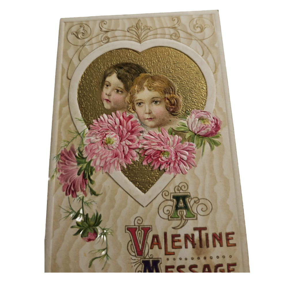 Valentine Postcard Schmucker Girls Gold Heart & Flowers Winsch Pub