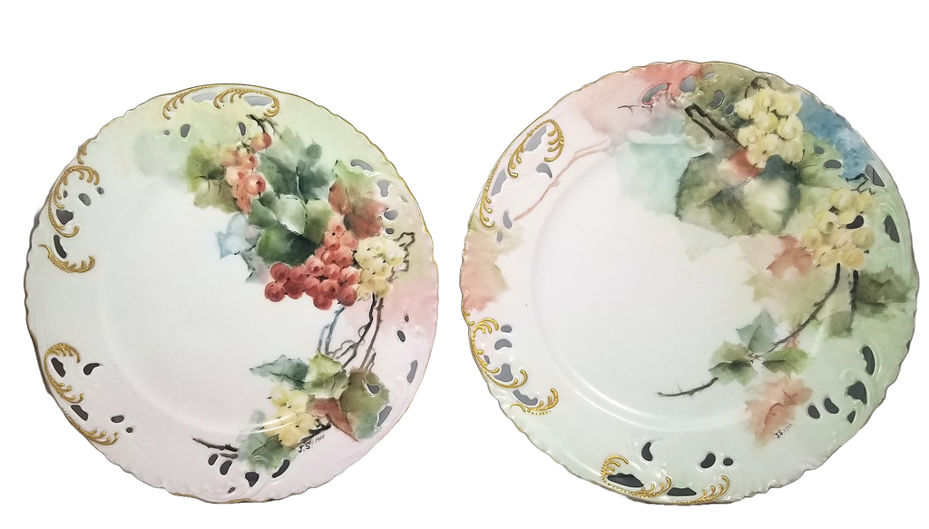 Limoges Porcelain HP Haviland Gerard  AS 6 PC Pierced Grapes Fruit Plate Set