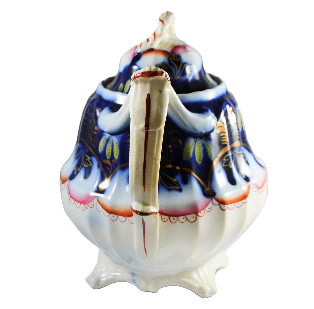 19th Century Rare Staffordshire Gaudy Welsh Ironstone Banana Flow Blue Teapot