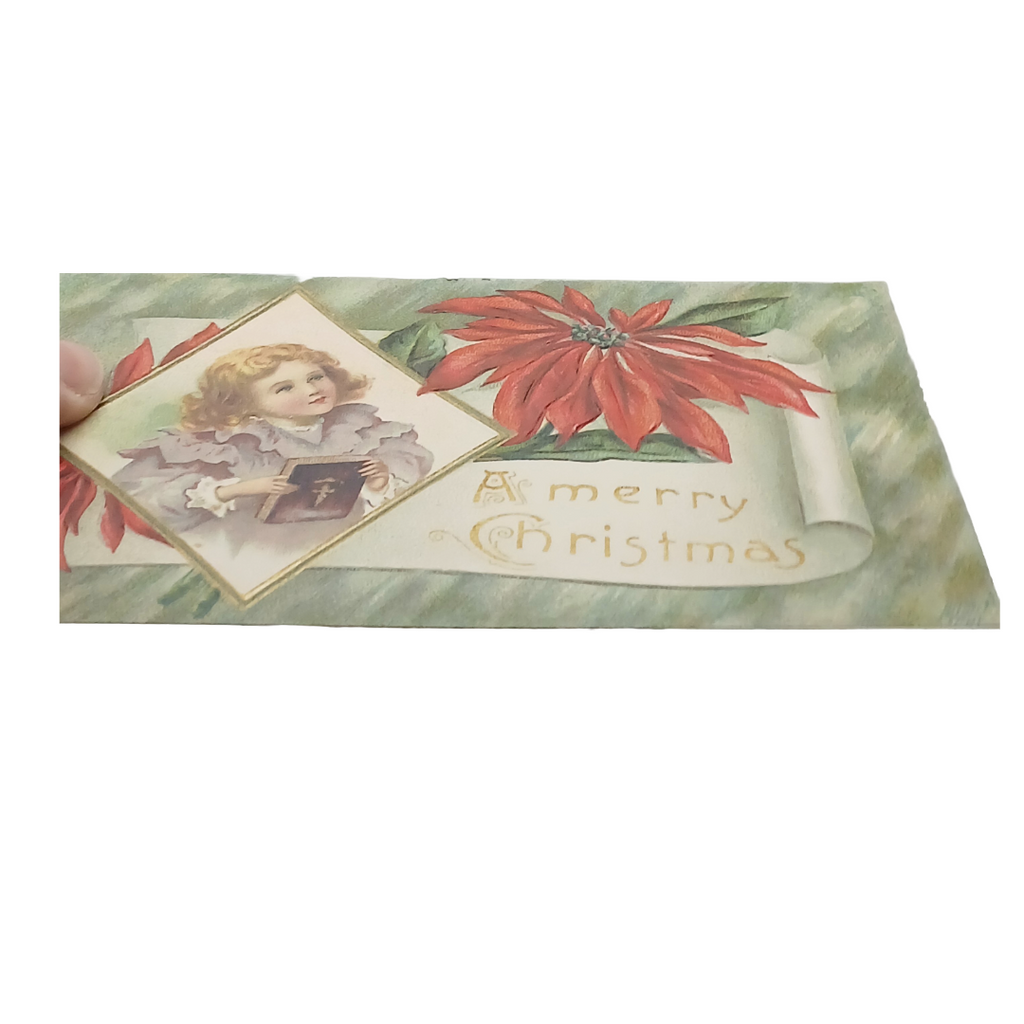 Christmas Postcard Young Girl Holding Prayer Book Poinsettia Flowers Above
