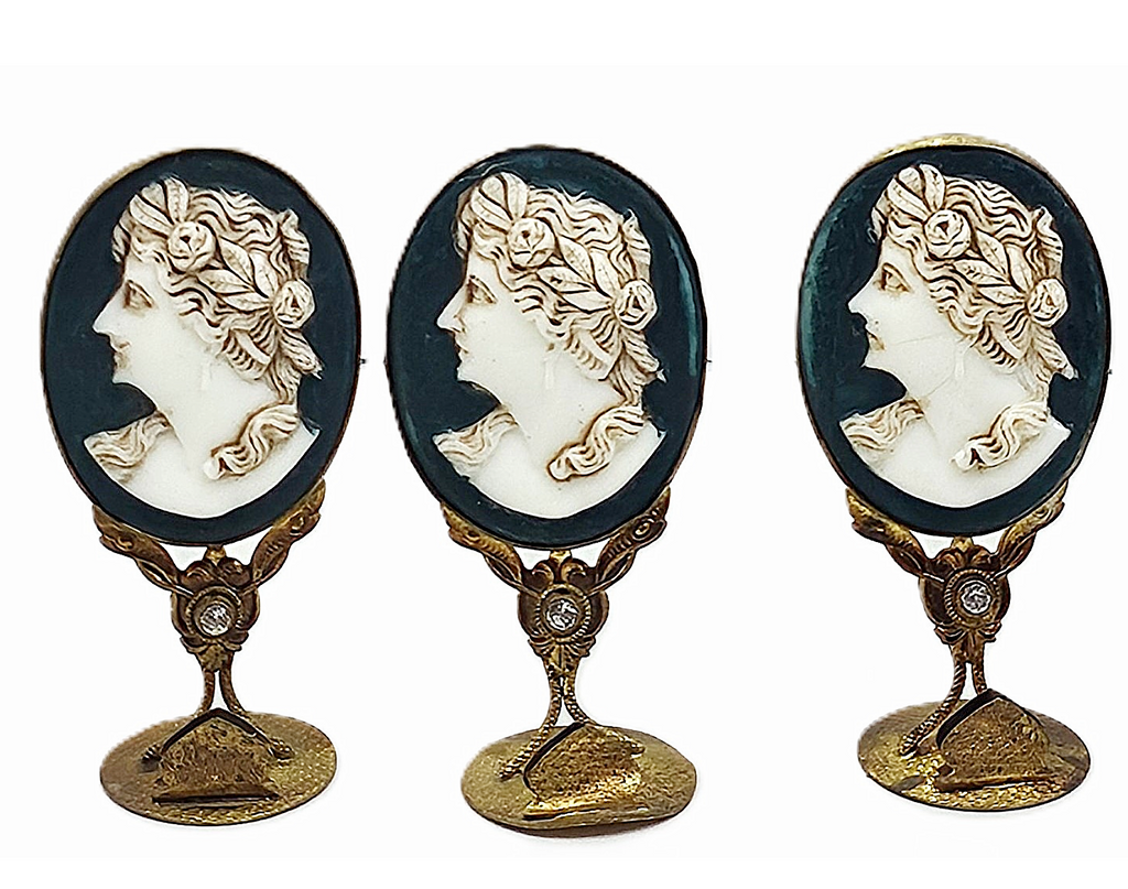 Antique Czech Jeweled Ormolu Cameo Carved Place Holder Set