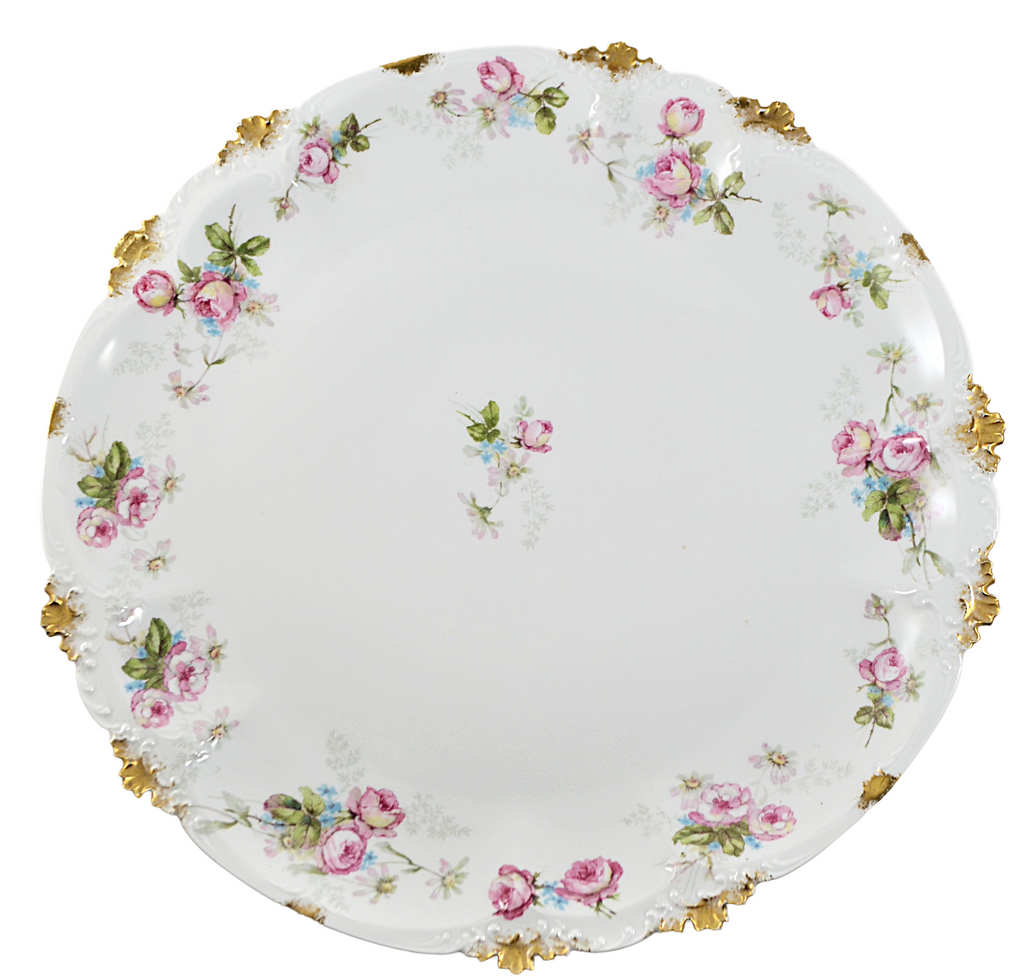 Limoges Art Nouveau Porcelain Hand Painted Pink Roses Gold Trimmed Charger Plate