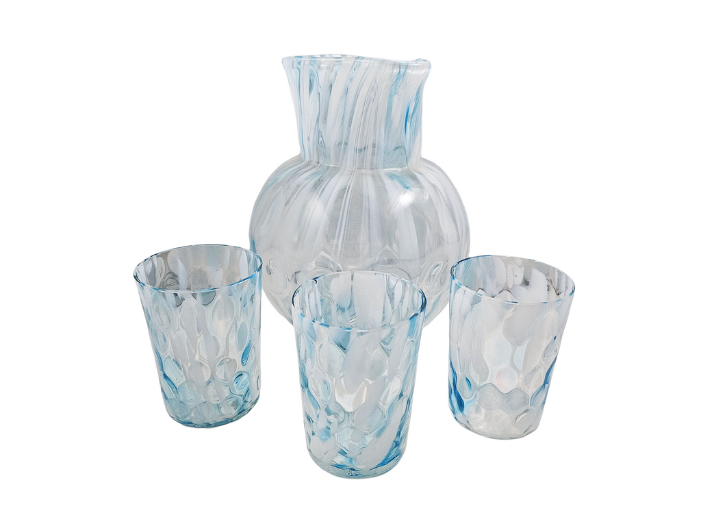 Phoenix Spot Optic Spatter Glass Four Piece Water Set Pitcher Tumblers Opal Blue