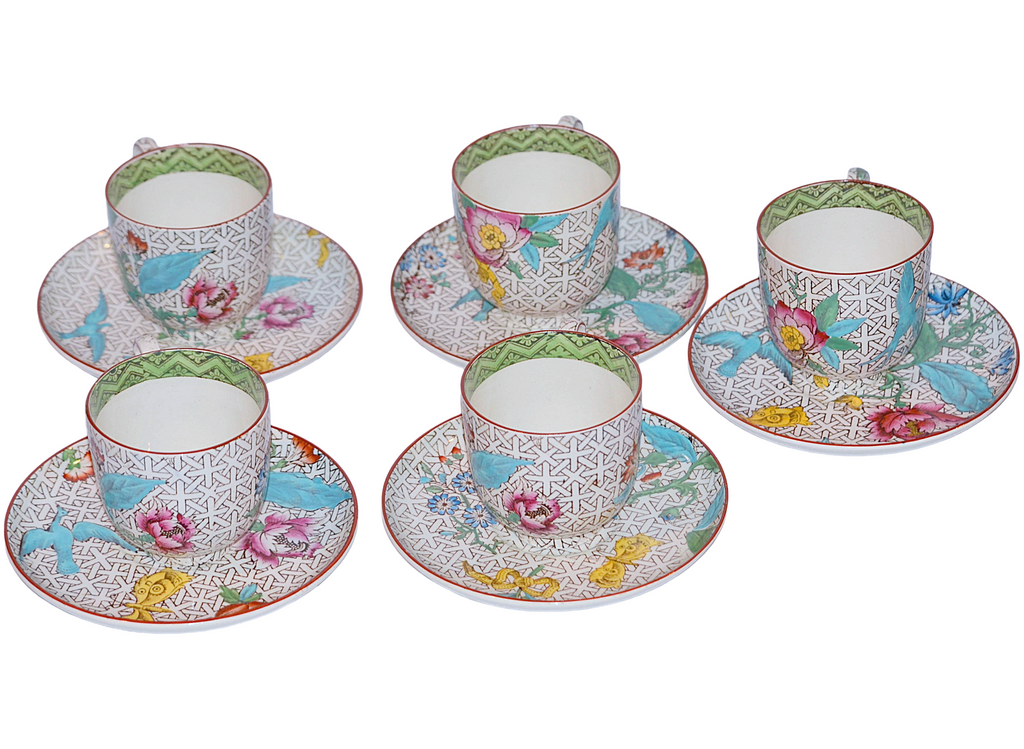 Wedgwood Demitasse 10 PC Cup Saucer Set HP Enamel Birds w/ Flowers