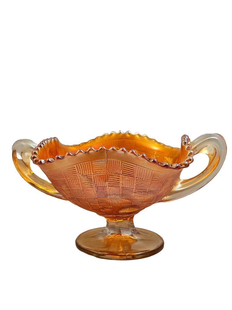 Northwood Marigold Orange Fruits & Flowers Carnival Glass Bon Bon Dish with Basket Weave Exterior