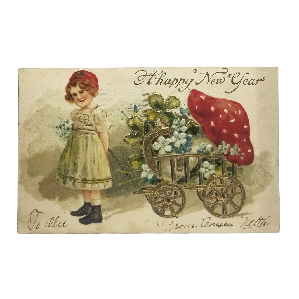 New Year Postcard Gold Little Girl Pulling Wagon with Mushroom