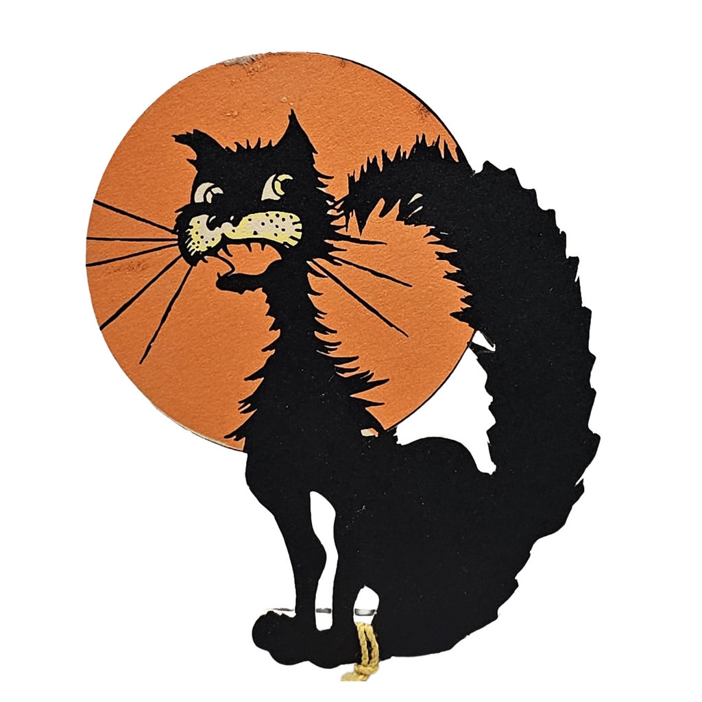Vintage Halloween Decoration 1920s Die Cut Rust Craft Tally Card Black Cat with Orange Moon
