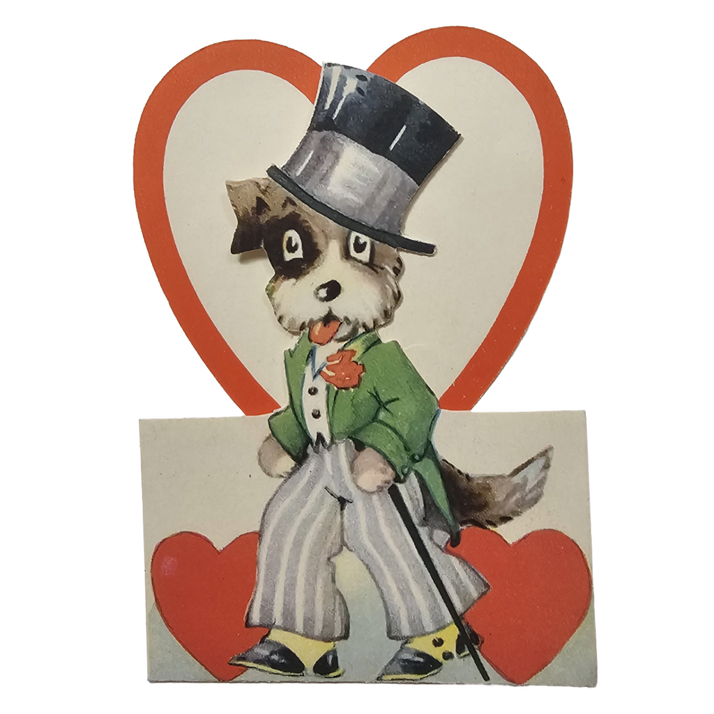 Vintage Die Cut Valentine Card  Anthropomorphic Dog in Suit with Heart