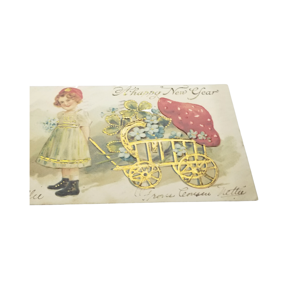 New Year Postcard Gold Little Girl Pulling Wagon with Mushroom