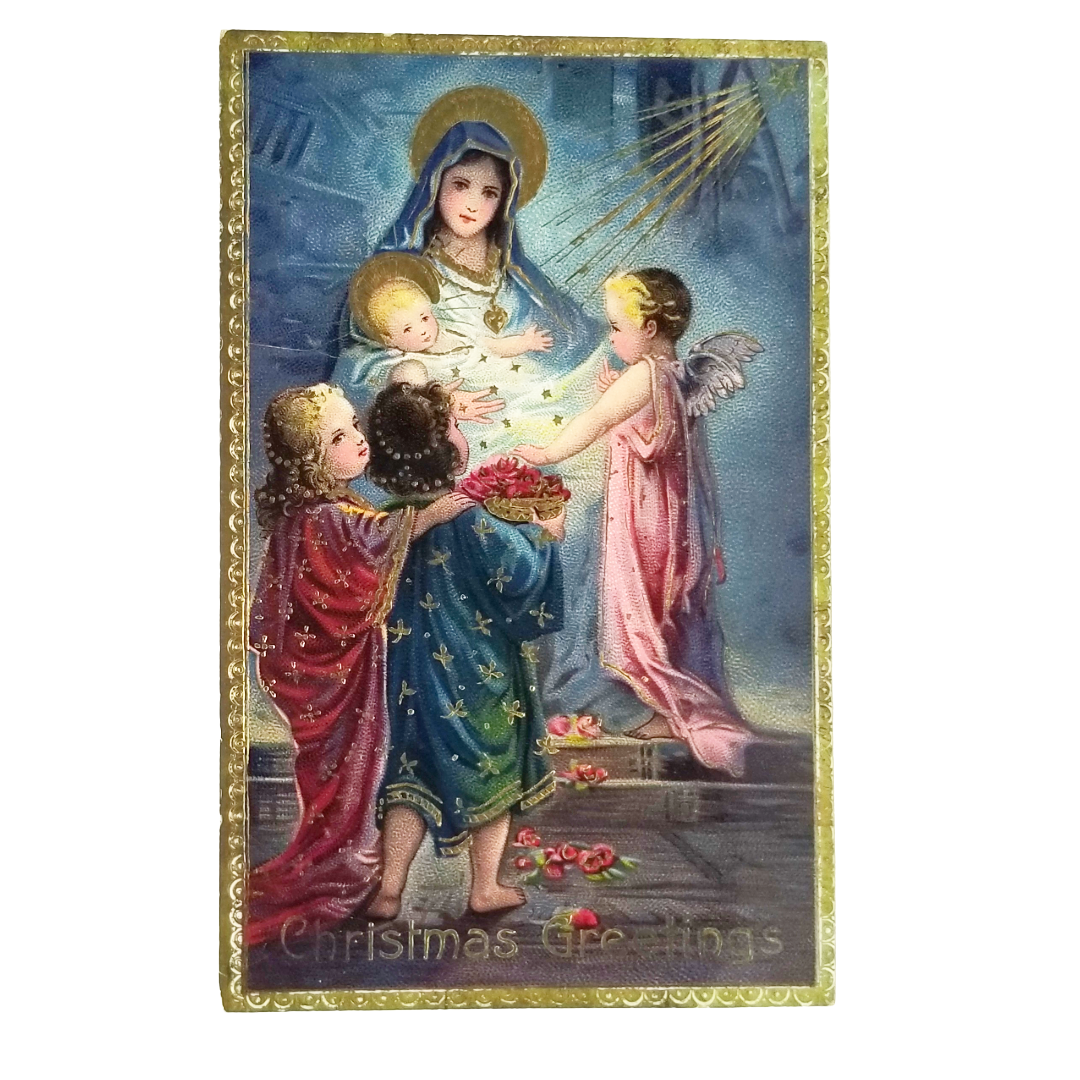 Christmas Postcard Religious Theme Madonna & Child with Angels Gold Highlights