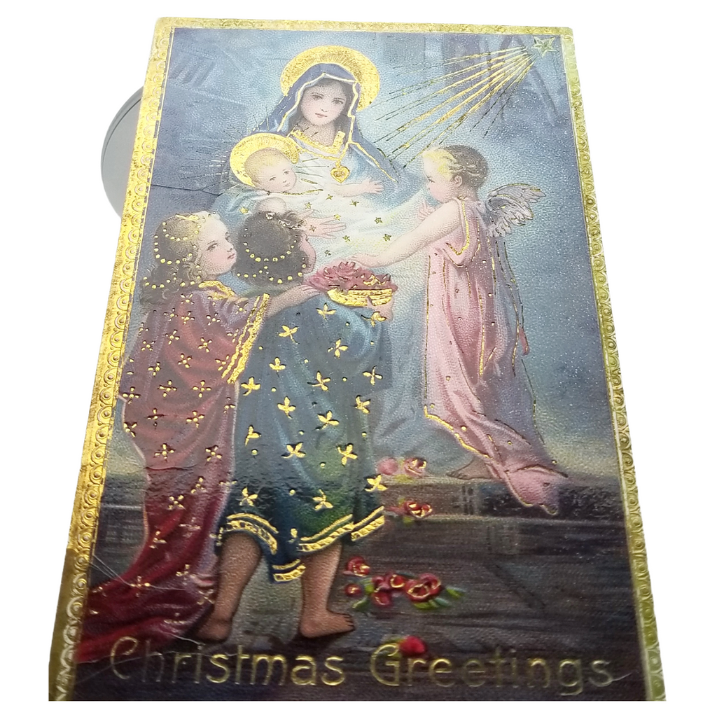Christmas Postcard Religious Theme Madonna & Child with Angels Gold Highlights