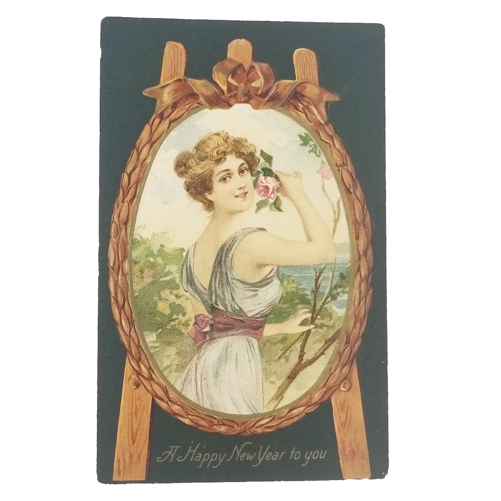 New Year Postcard Edwardian Woman Holding Rose in Landscape