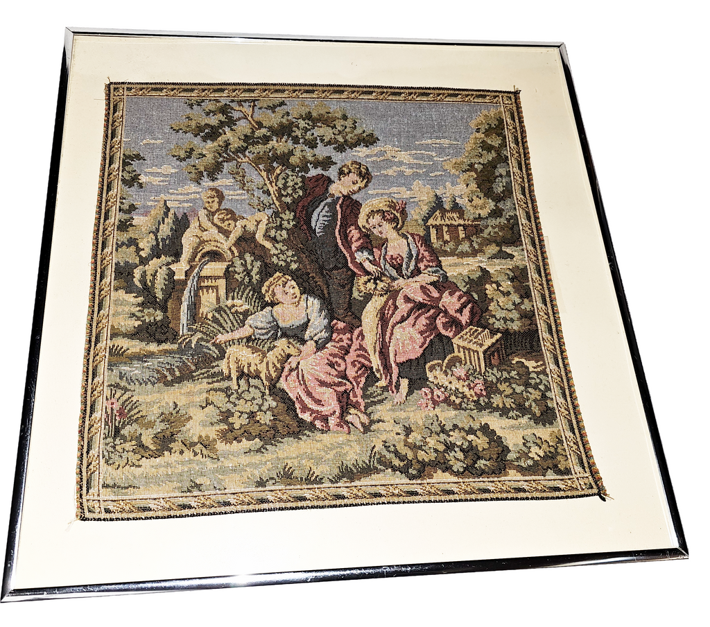 Vintage Pair Framed French Tapestries Pastoral Scenes People w/ Sheep