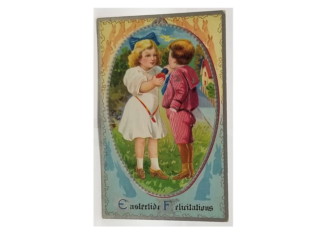 Antique Easter Postcard, Vintage Holiday Post Card, Embossed Children on Egg Hunt Series 8