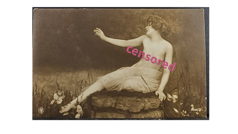 French Salon Postcard 1900s Nude Woman Seated on Rock in Forest