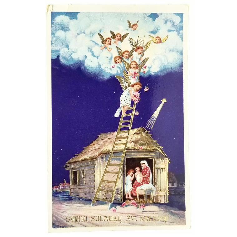 Christmas Postcard Religious Theme Angels Descending Ladder Over Madonna & Child Gold Highlights