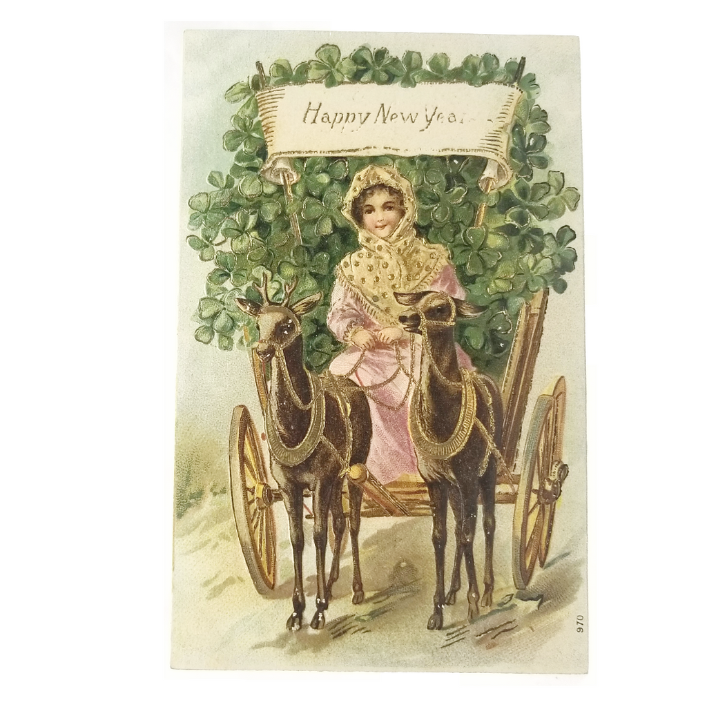 New Year Postcard Deer Pulling Clover Filled Wagon Girl Riding Gold Embossed