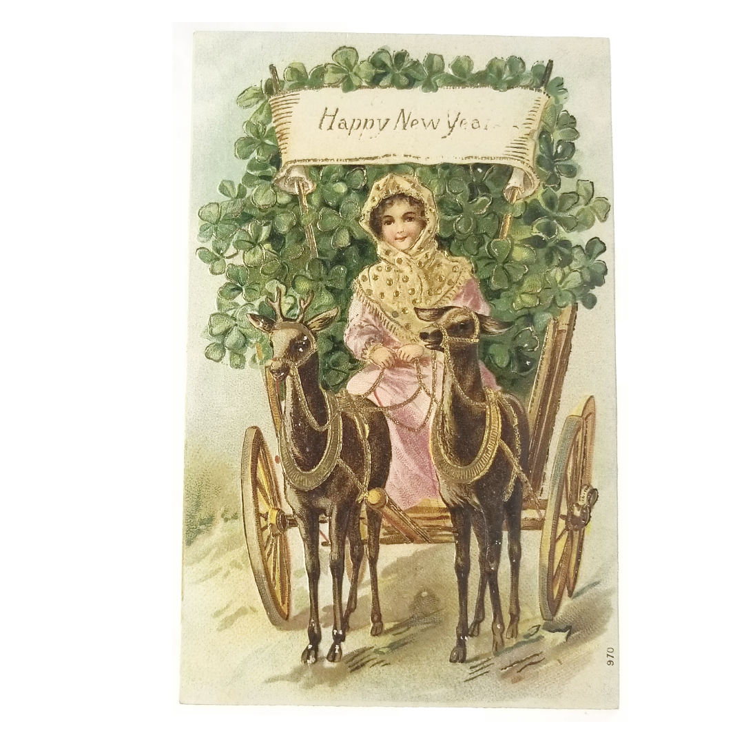 New Year Postcard Deer Pulling Clover Filled Wagon Girl Riding Gold Embossed