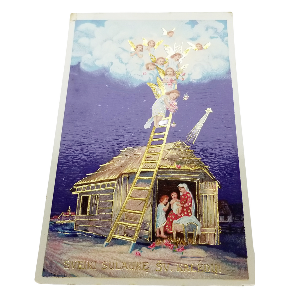 Christmas Postcard Religious Theme Angels Descending Ladder Over Madonna & Child Gold Highlights