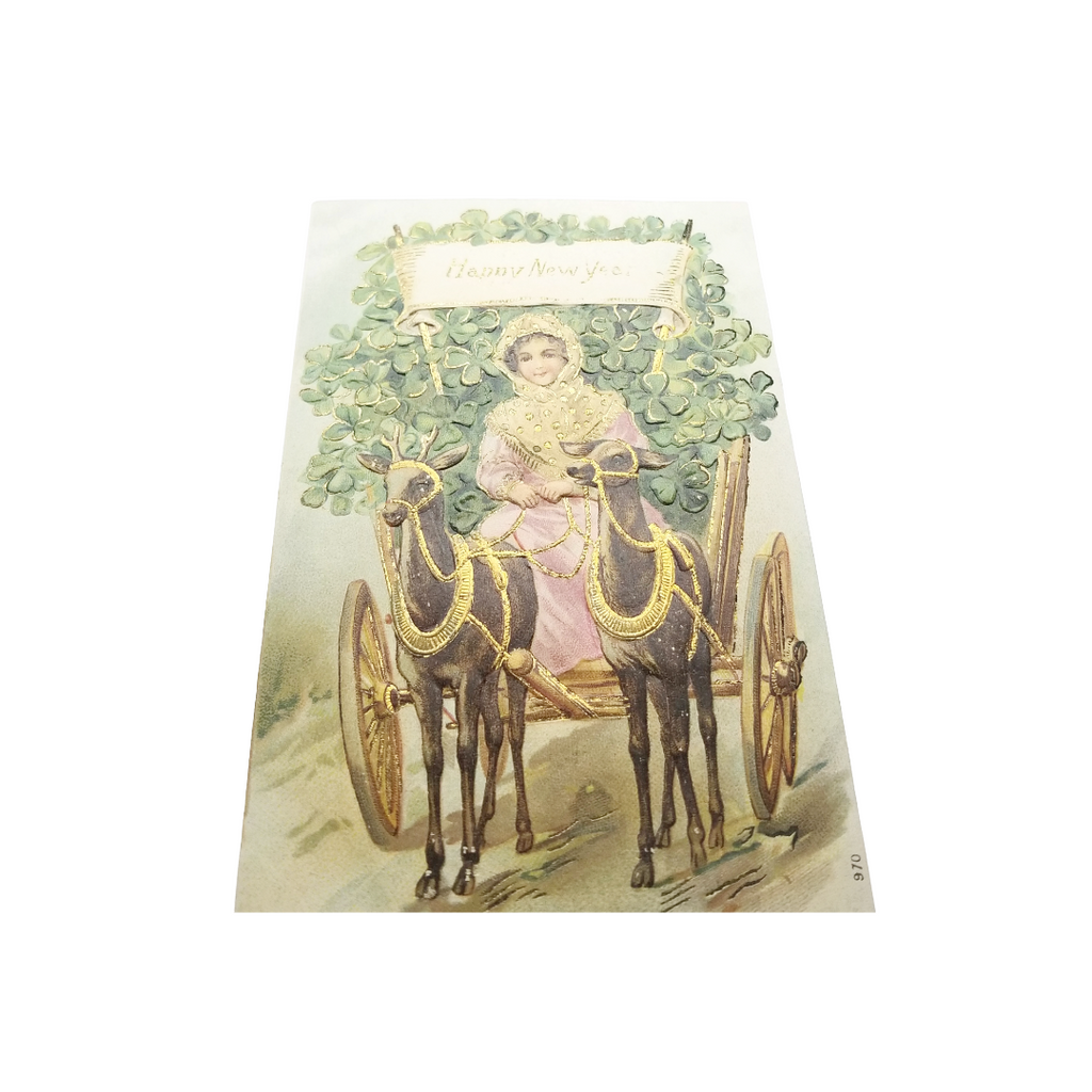 New Year Postcard Deer Pulling Clover Filled Wagon Girl Riding Gold Embossed