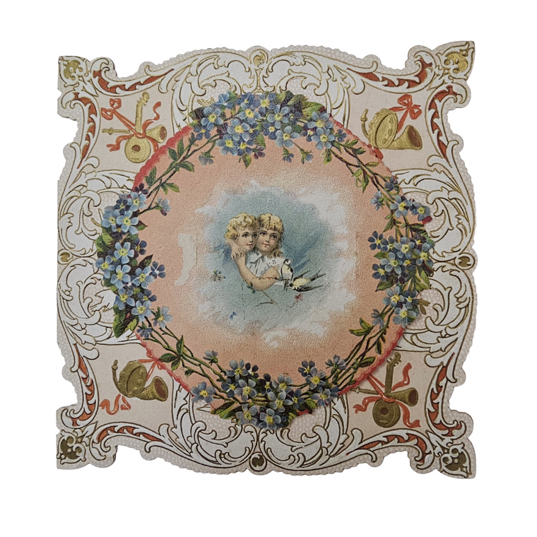 Antique Victorian Die Cut Paper Lace Valentine Card Embossed Children Flowers Gibson Pub