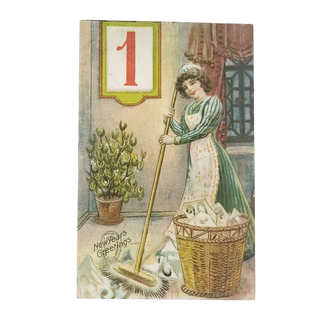 New Year Postcard Pretty Maid Sweeping Dates Gold Embossed Series 8080
