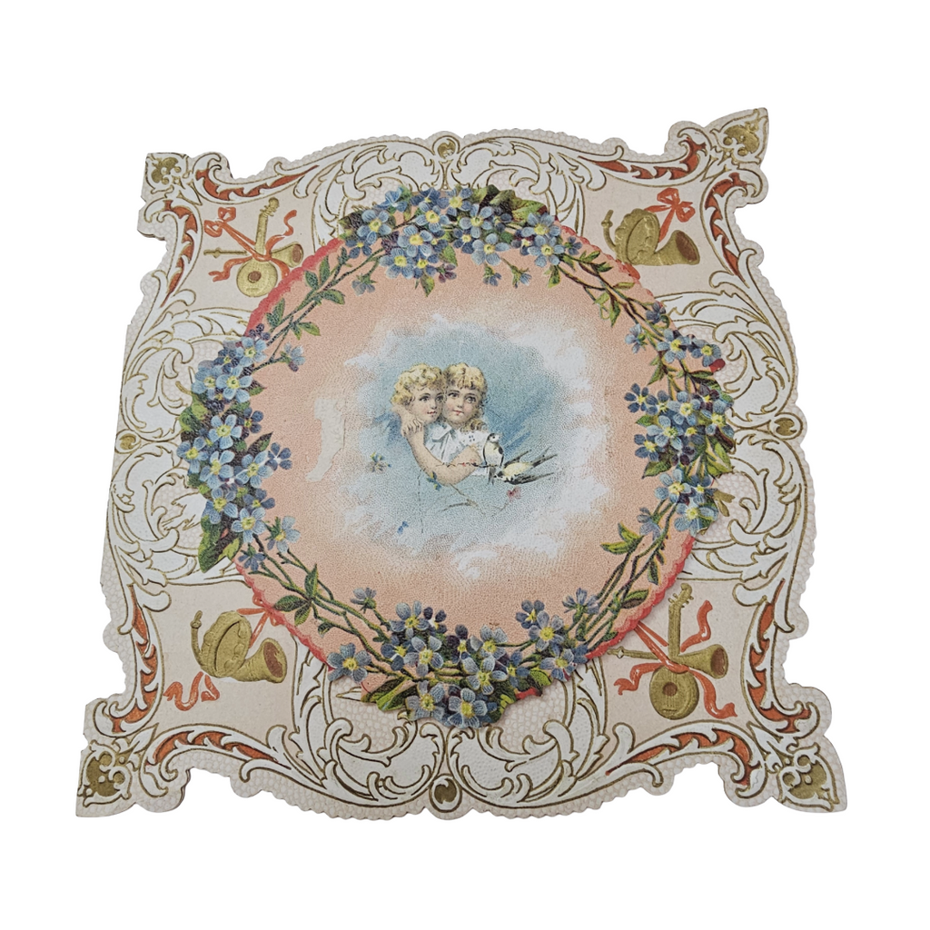 Antique Victorian Die Cut Paper Lace Valentine Card Embossed Children Flowers Gibson Pub