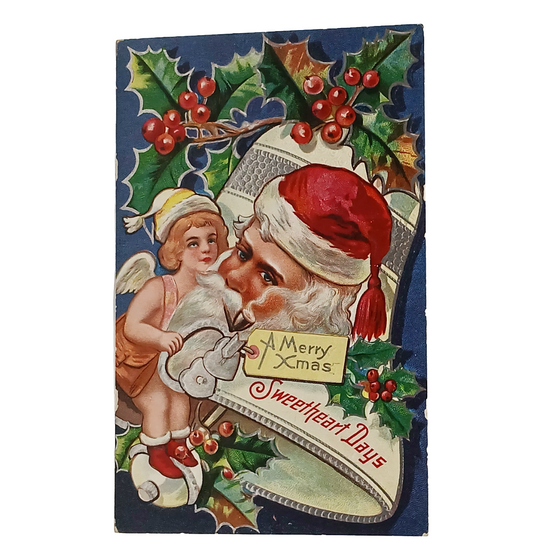 Christmas Postcard Silver Embossed Bell Santa Claus & Elf Sweetheart Series 1