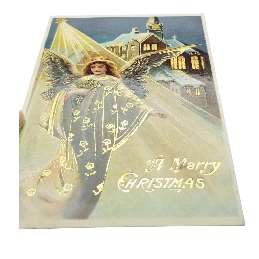 Christmas Postcard Religious Theme Angel Under Shining Star Lit Church Gold Highlights