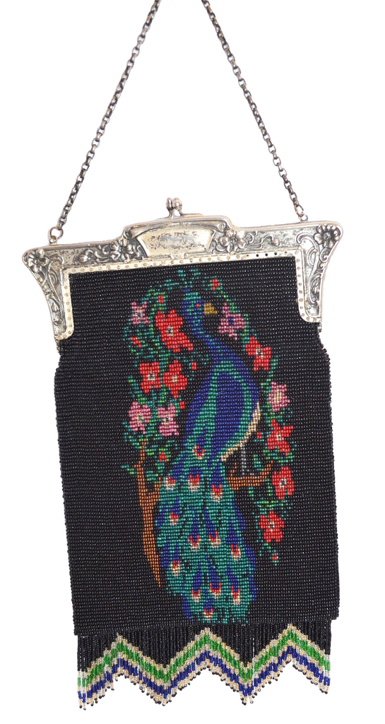 Antique Vintage Handmade Scenic Handbag Beaded PEACOCK PURSE