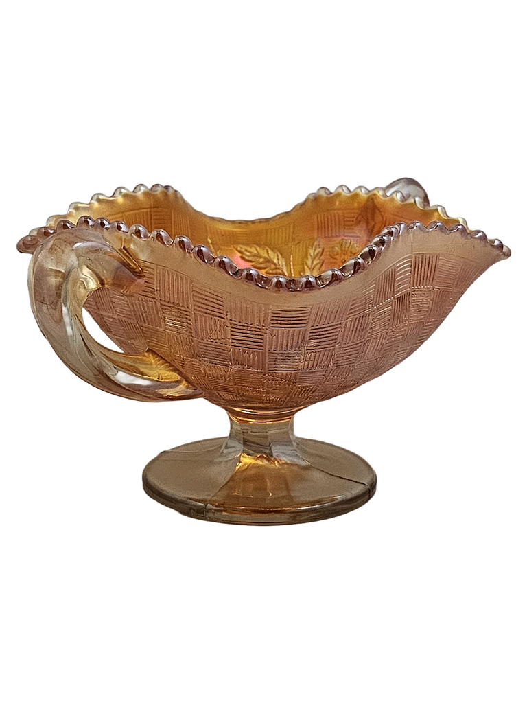 Northwood Marigold Orange Fruits & Flowers Carnival Glass Bon Bon Dish with Basket Weave Exterior